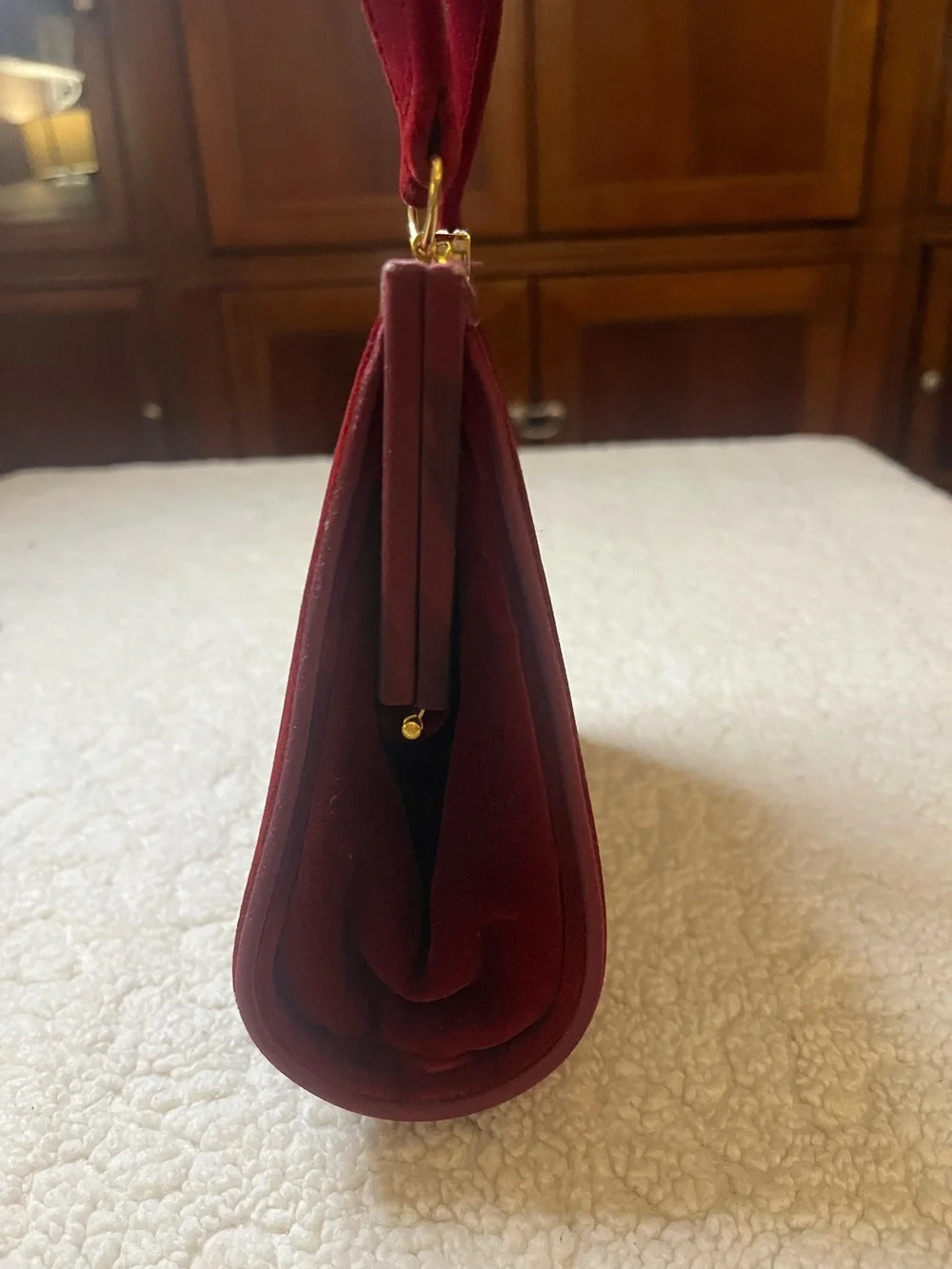 Vintage Saks 5th Avenue Burgundy Velvet Evening Bag Rhinestone Clasp Top Handle - Picture 6 of 9